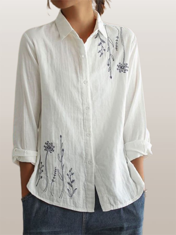 Minimalist Retro Embroidered Long Sleeved Lapel Shirt