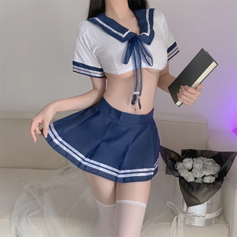 Uniform School Sailor Collar Bow Stripe Lingerie Skirt Set