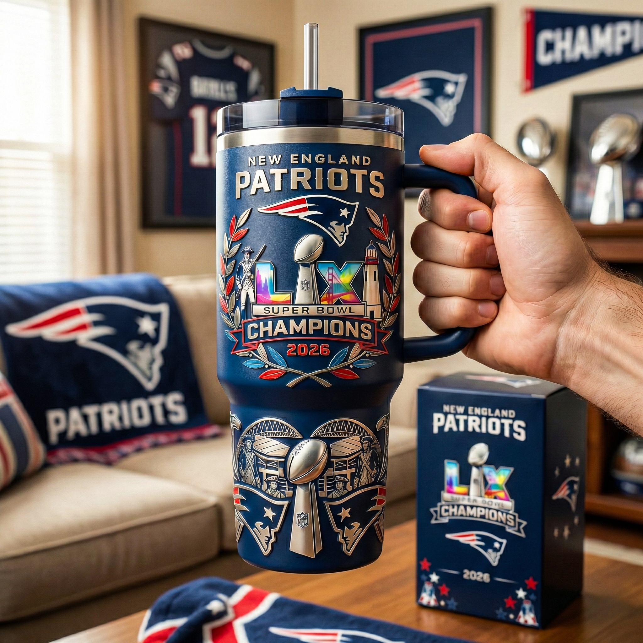 🏆 New England Patriots – Super Bowl LX Champions Commemorative Tumbler