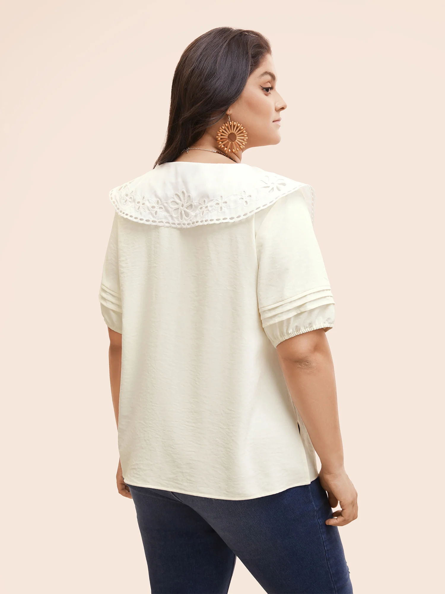 Lace Collar Lantern Sleeve Pleated Blouse