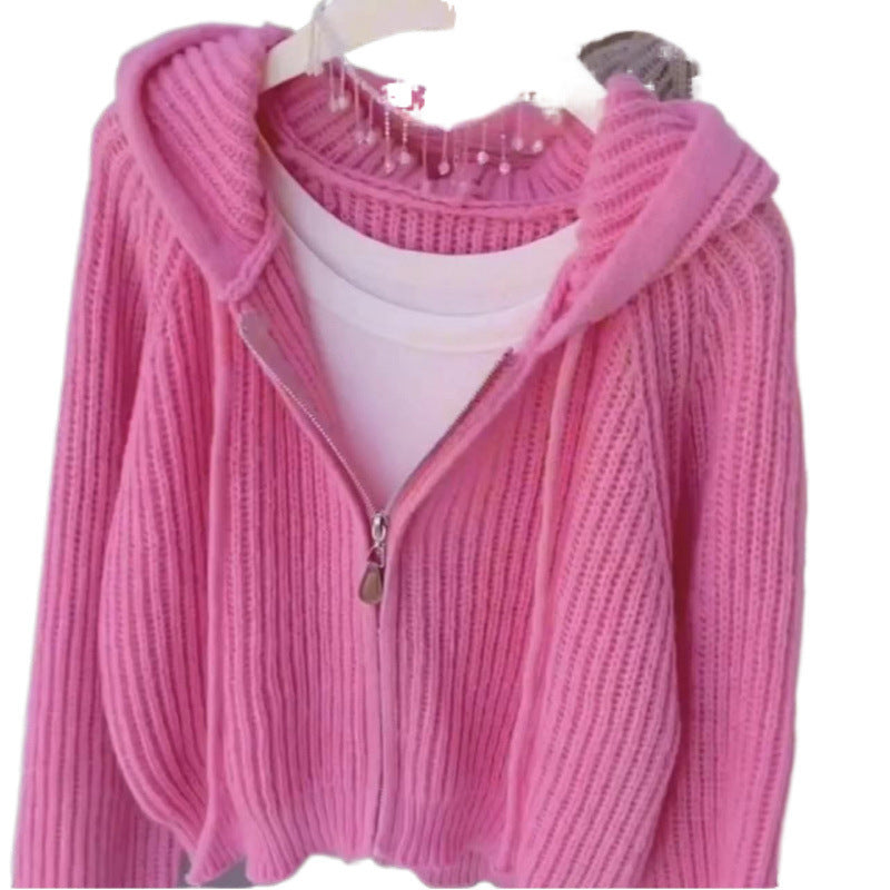 Women's Short Hooded Knit Cardigan for Fall and Winter