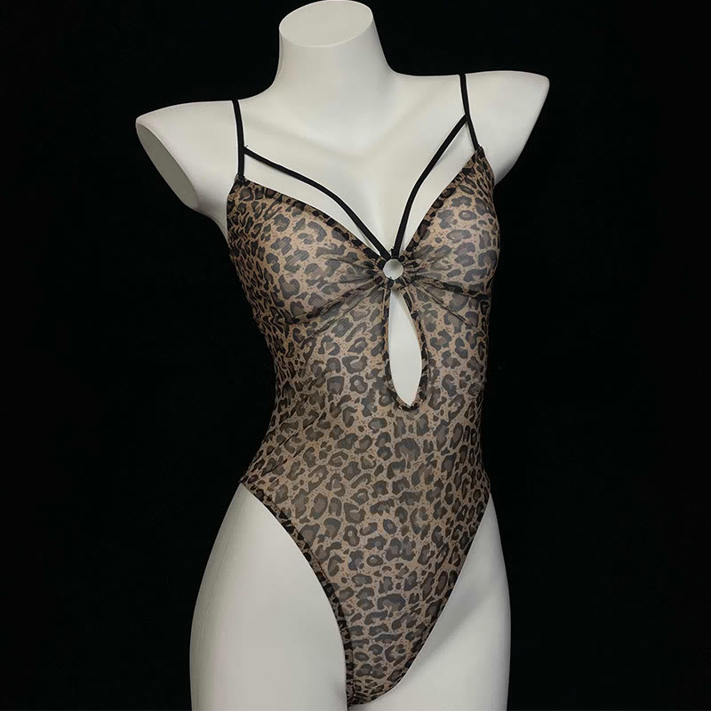 Leopard Print Hollow Out Backless Jumpsuit Lingerie