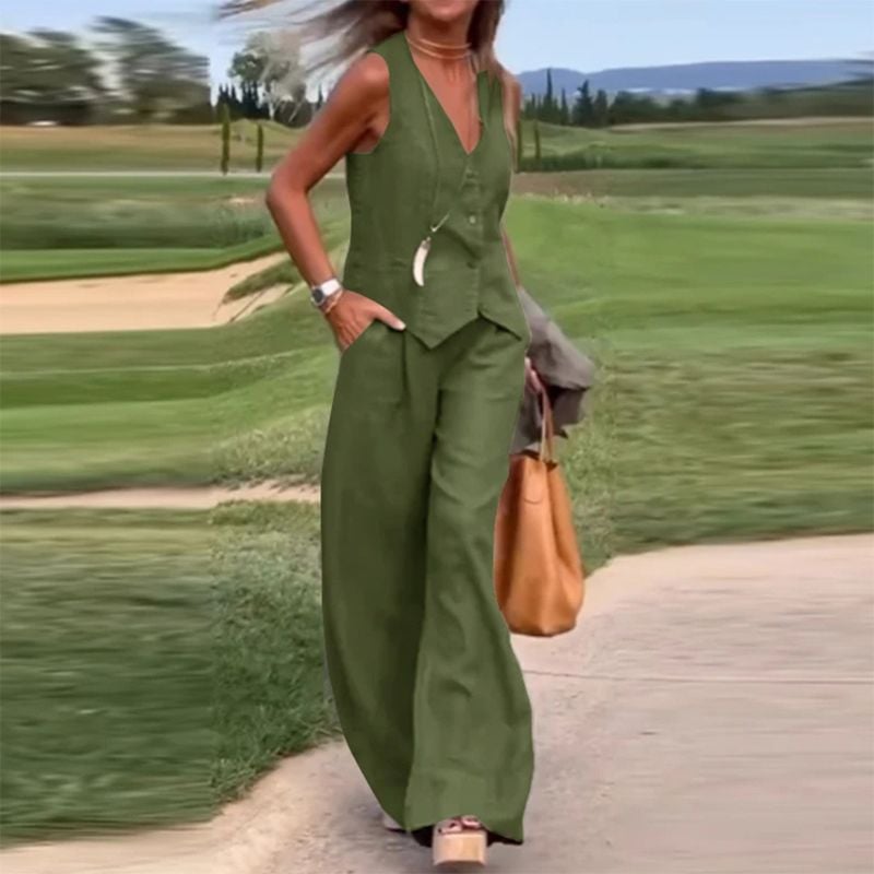 💕Button Down Vest and Wide Leg Pants 2 Piece Set (Buy 2 Sets Free Shipping)