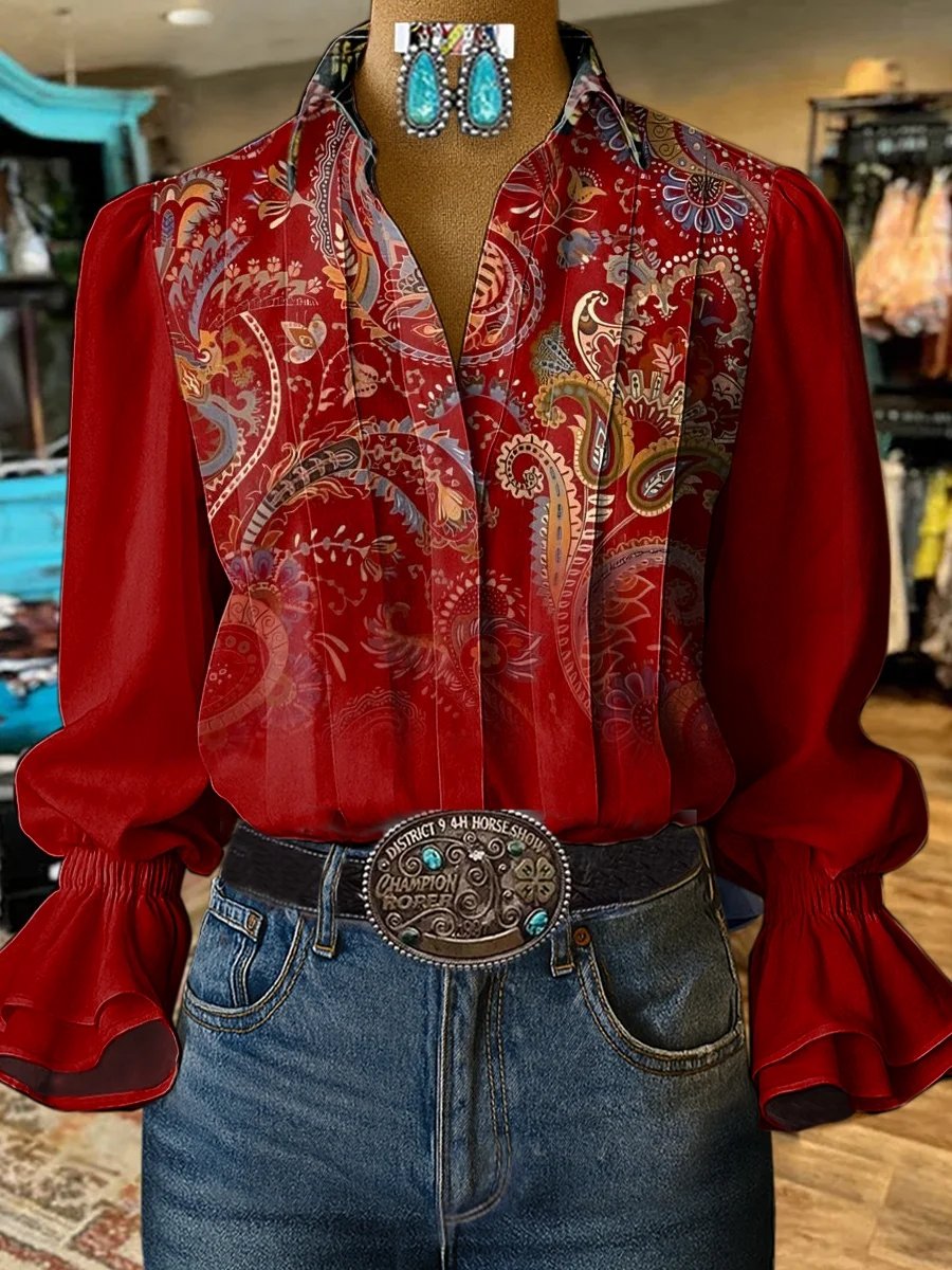 Women's Casual Western Puff Sleeve Pattern Gradient Shirt