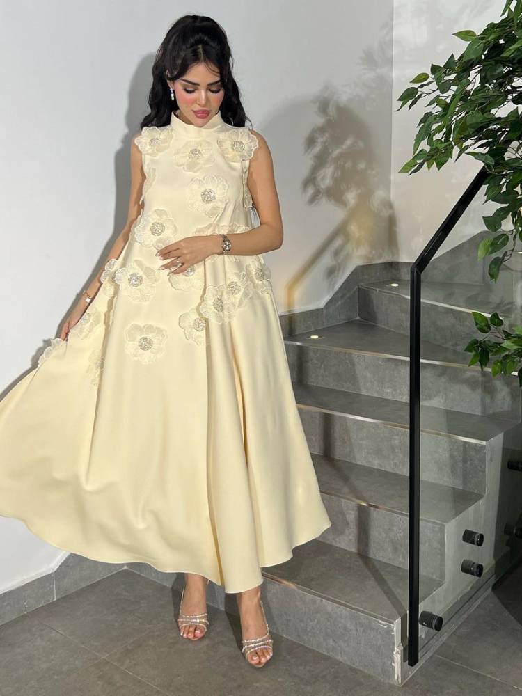Shoulder High Neck Handmade Floral Dress