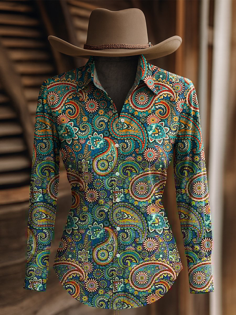 Women's Vintage Paisley Print Western Long Sleeve Shirt