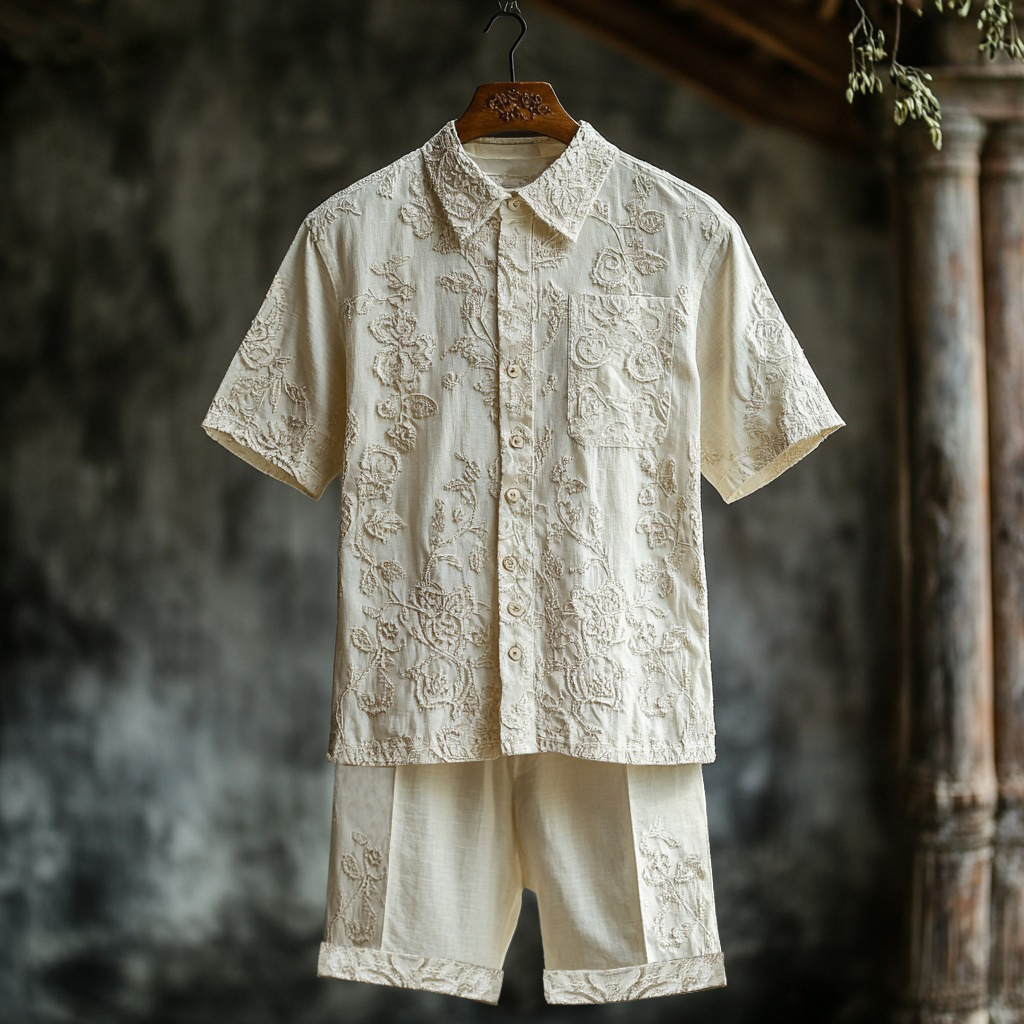 Fashion Men's Holiday Lace Embroidery Art Shirt And Shorts Co-ord Set