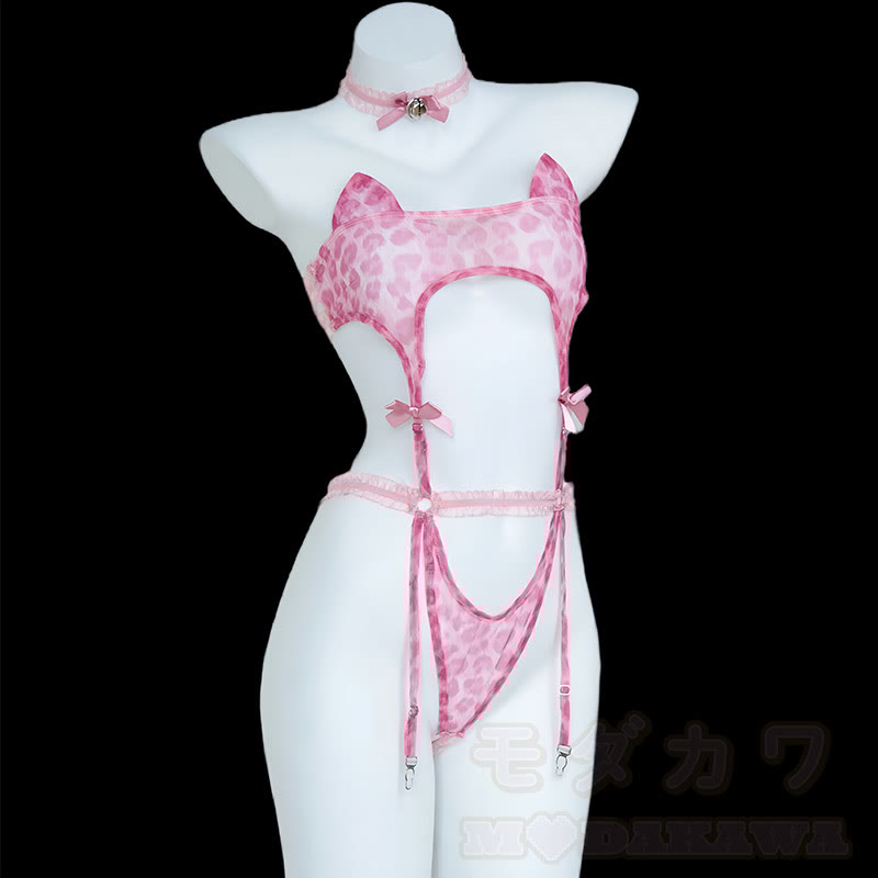 Sexy Cat Leopard Print Hollow Backless Jumpsuit Lingerie