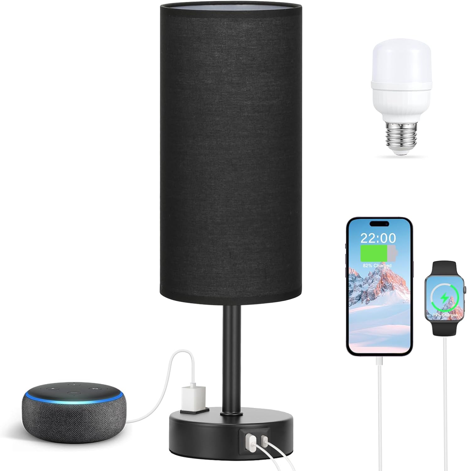 Bedside Table Lamp for Bedroom - 3 Way Dimmable Touch Lamp USB C Charging Ports and AC Outlet, Small Lamp Wood Base Round Flaxen Fabric Shade for Living Room, Desk, LED Bulb Included