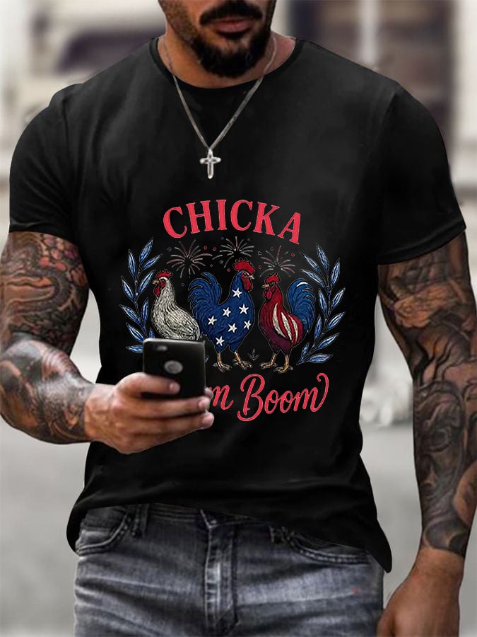 Men's Chicka Boom Boom Patriotic Rooster Print T-shirt