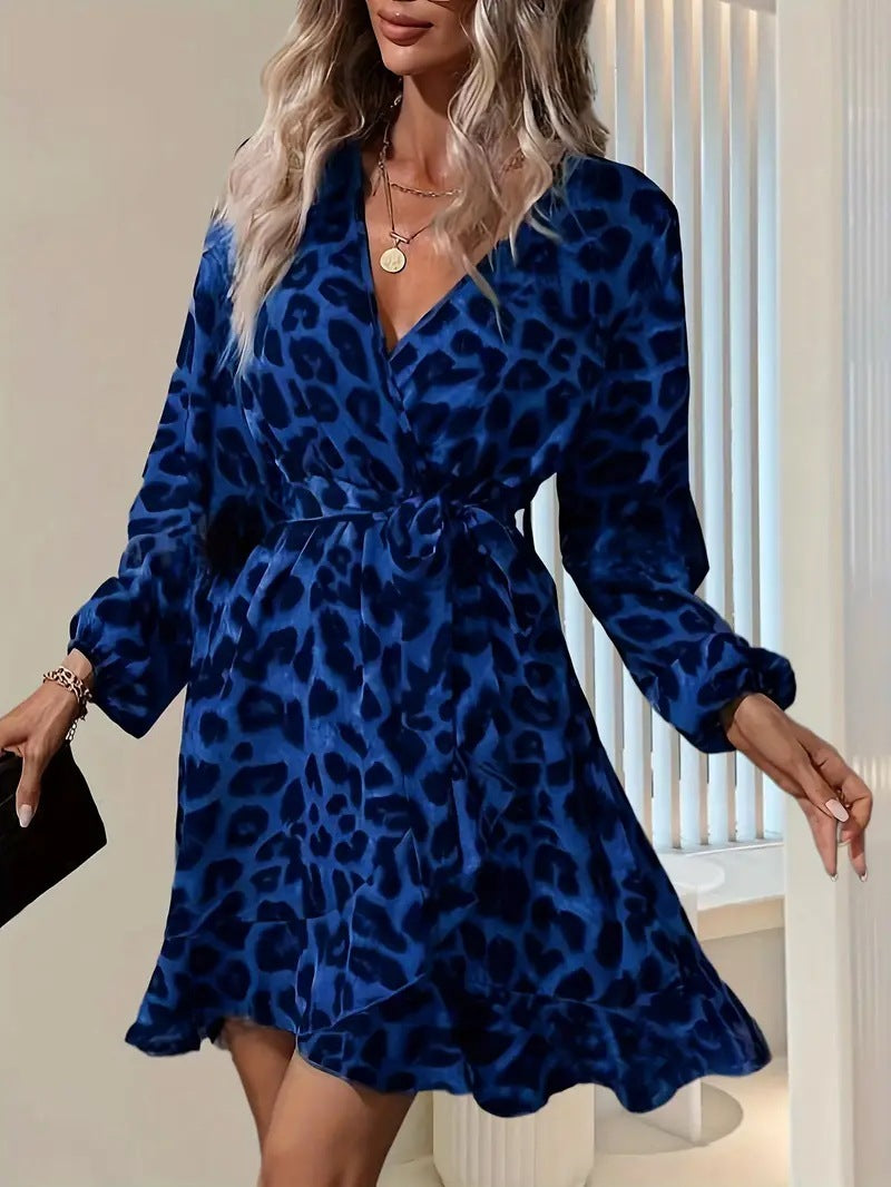 European and American Leopard Print V-Neck High-Waisted Lace-Up Irregular Dress for Women
