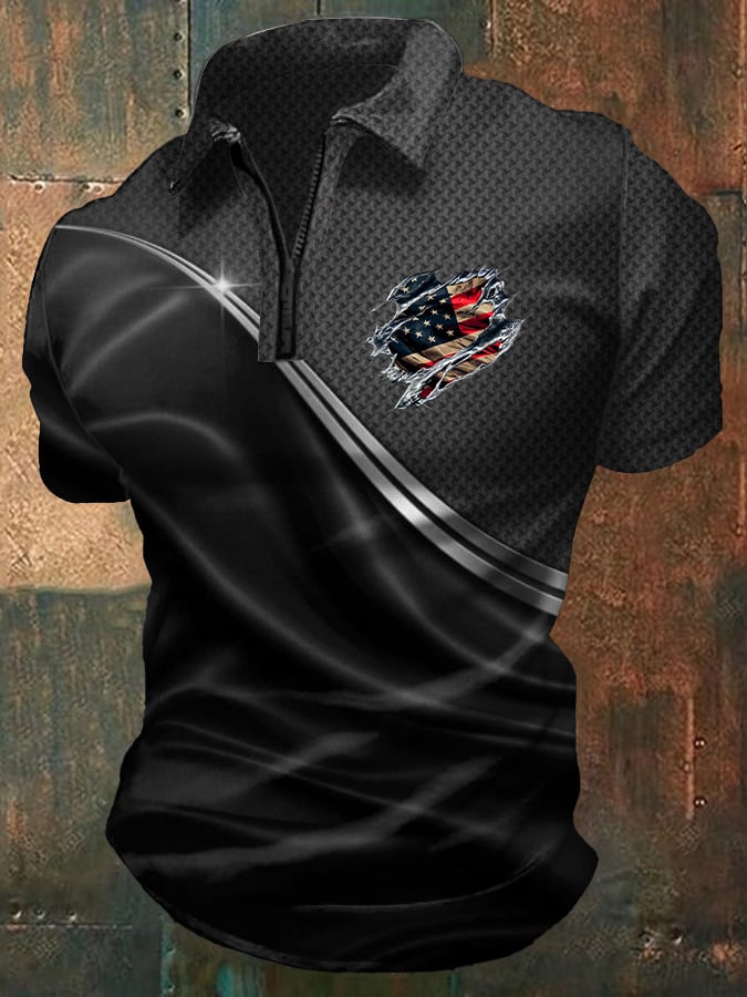 Men's Casual Independence Day Flag Print Polo Shirt