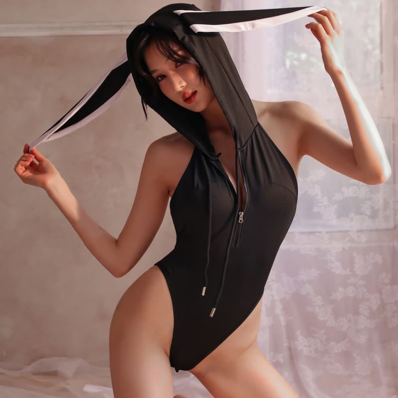 Bunny Ears Zipper Hooded Lingerie Set
