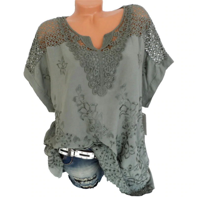 (S-6XL)Damskie koronki V-Neck haftowane krótki rękaw Batwing