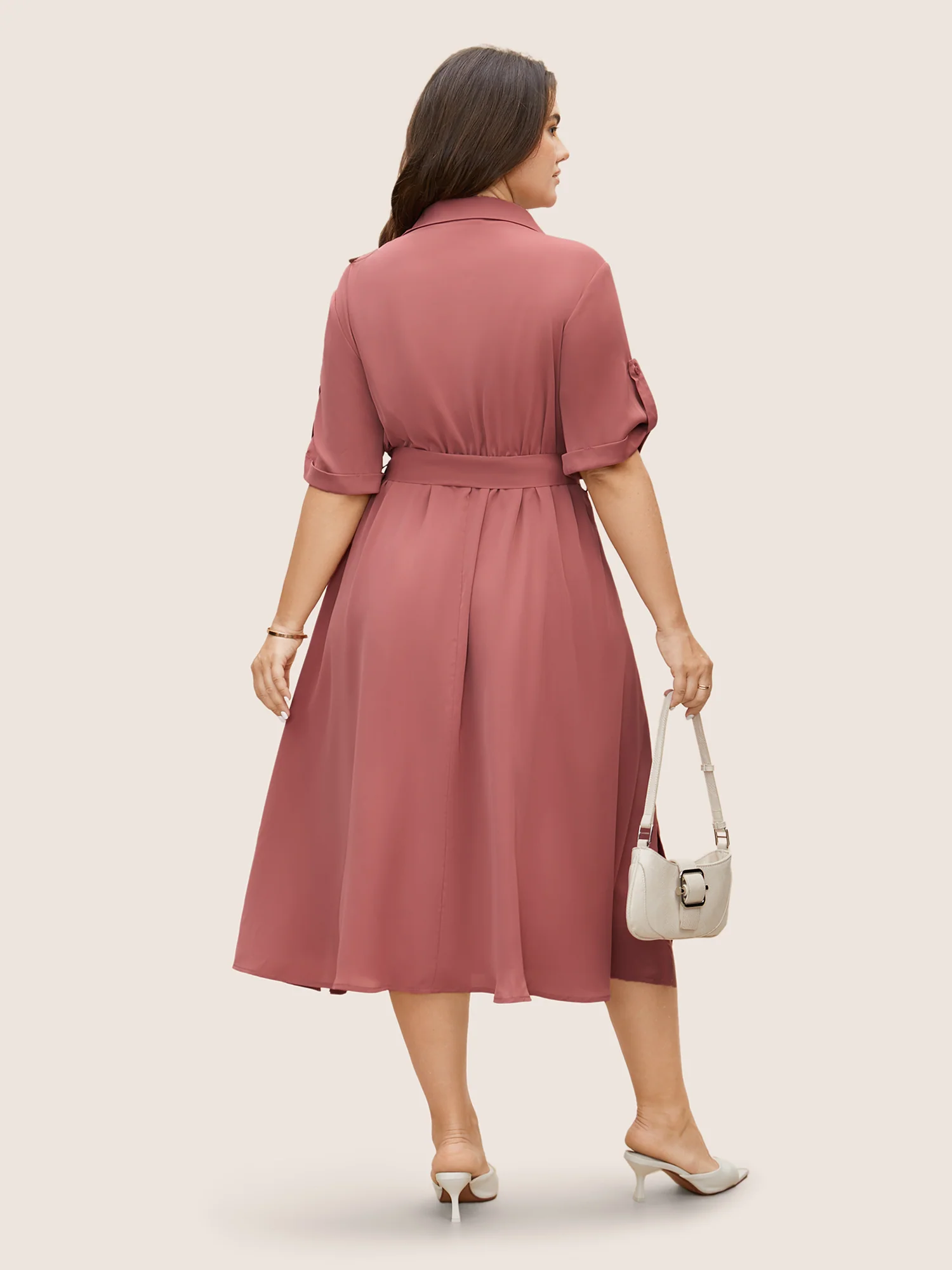Shirt Collar Tab Sleeve Split Hem Dress