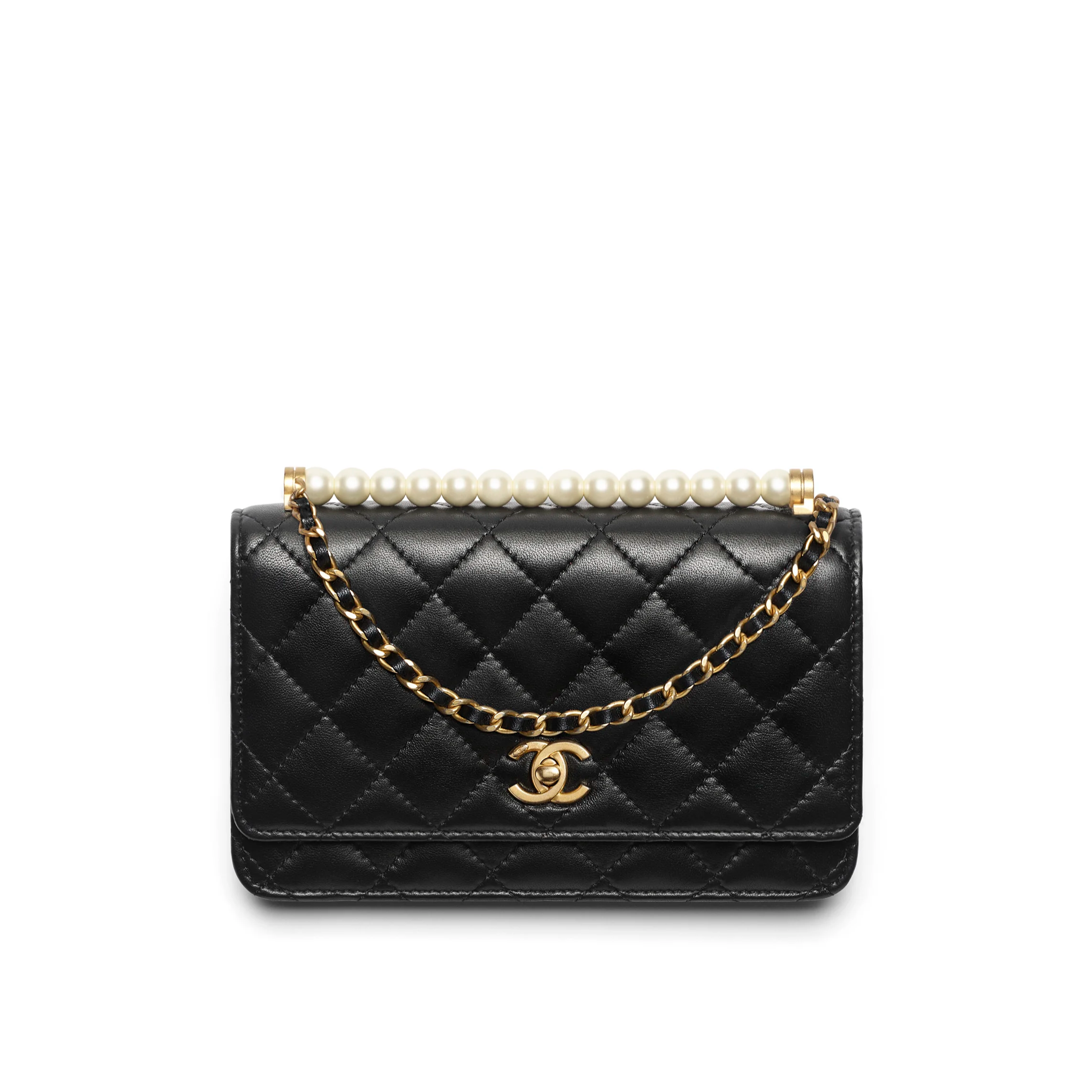 CHANEL Wallet on Chain Shiny Lambskin, Imitation Pearls & Gold-Tone Metal Black AP4518-B19730-94305