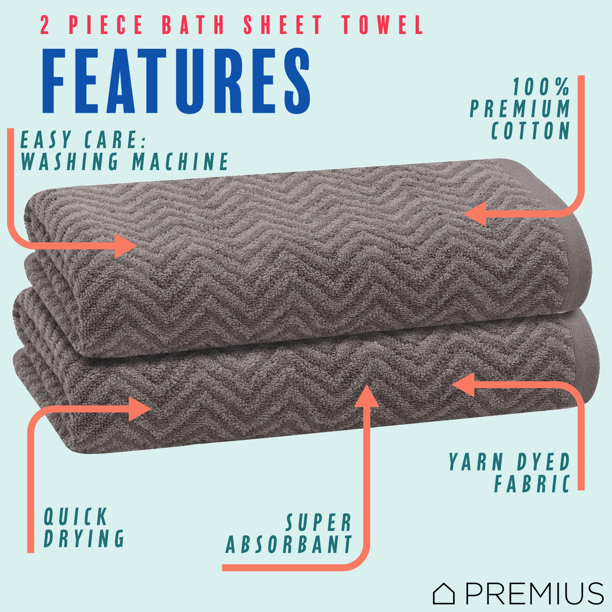 PREMIUS 2 Pack Chevron 100% Cotton Yarn Dyed Bath Sheet Towel, 32x64 Inches
