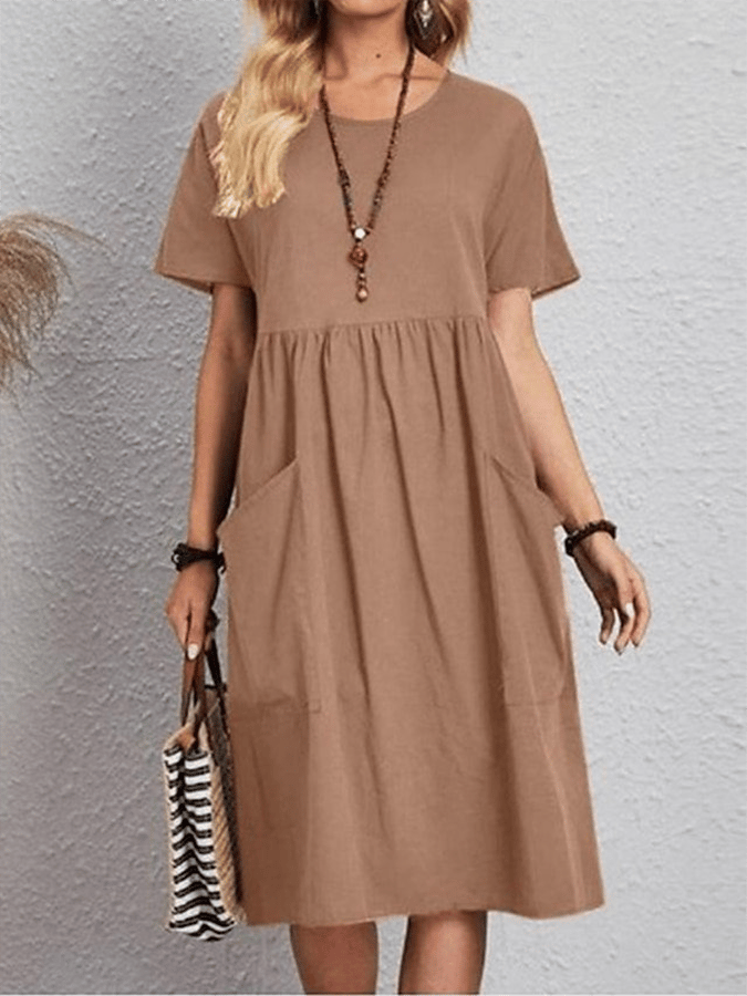 Women's Cotton And Linen Round Neck Short Sleeve Pocket Pleated Loose Dress
