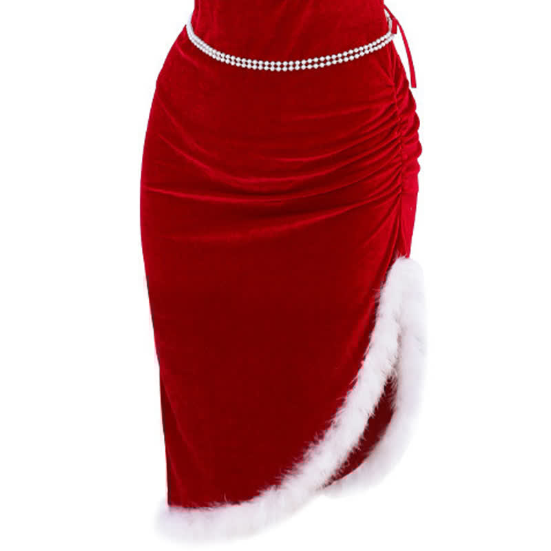 Christmas Backless Split Fuzzy Lingerie Dress