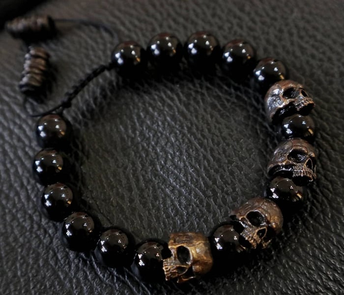 🔥 The Sterling silver Skull Army Onyx Bead Bracelet