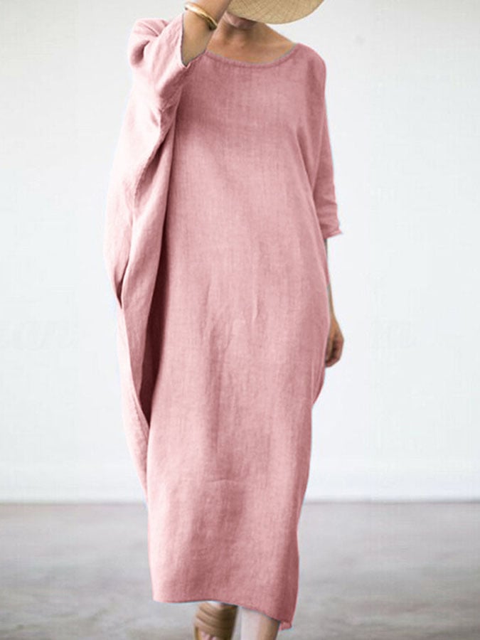 Round Neck Loose Cotton And Linen Dress