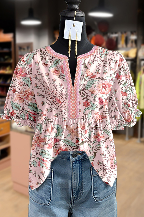 Vintage Floral Print Puff Sleeve Top
