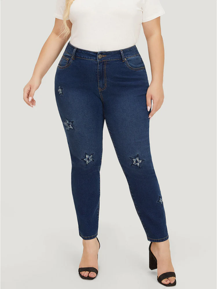 Very Stretchy High Rise Medium Wash Star Embroidery Jeans