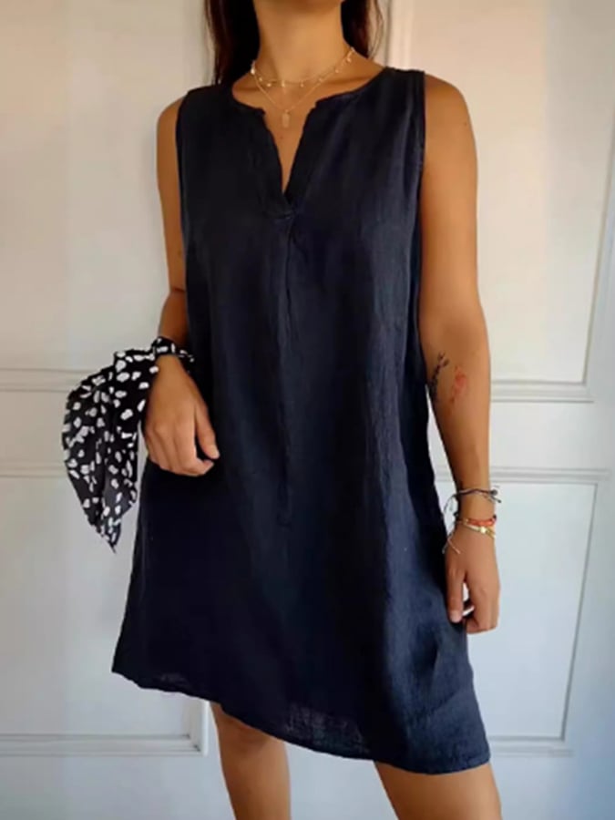 Women's V-Neck Sleeveless Solid Color Cotton And Linen Dress
