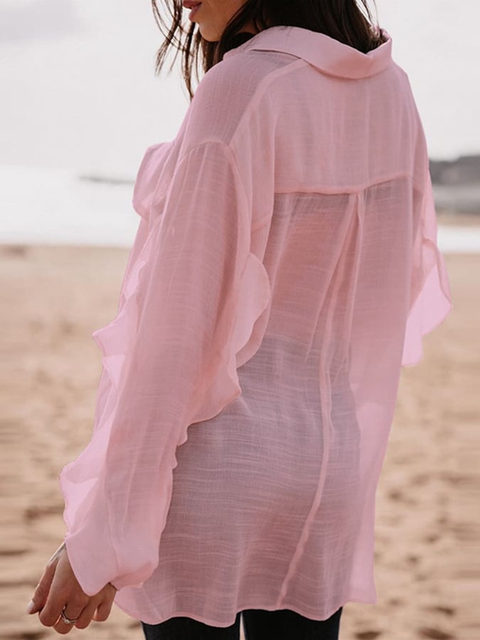 Women's Solid Color V-Neck Ruffled Sleeve Design Casual Cotton And Linen Shirt