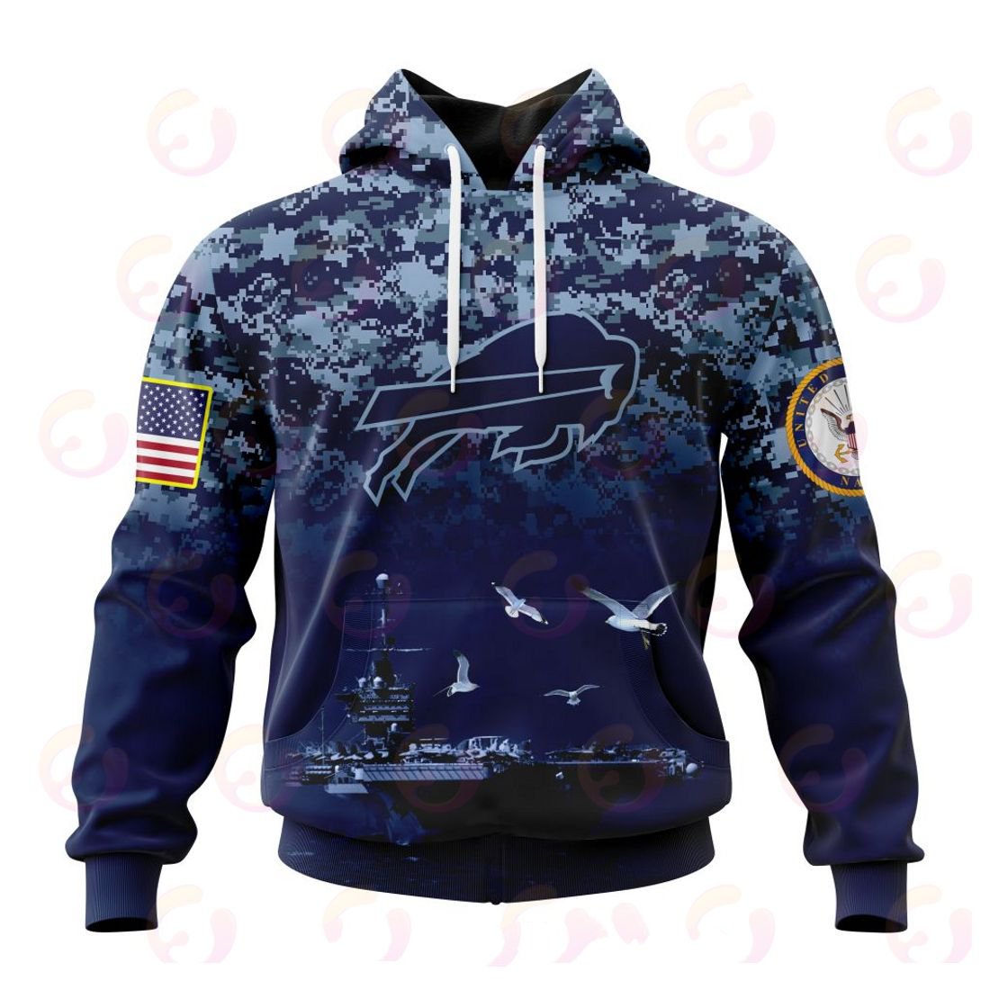 BUFFALO BILLS 3D HOODIE HONOR US NAVY VETERANS