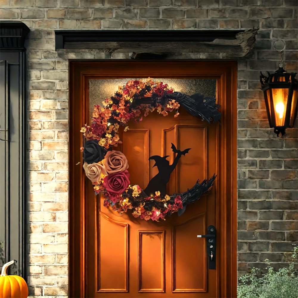 💥ON SALE💥-🌙 Witch Cat Moon Wreath  with Autumn Leaves & Roses 🐈‍⬛🍂🌹