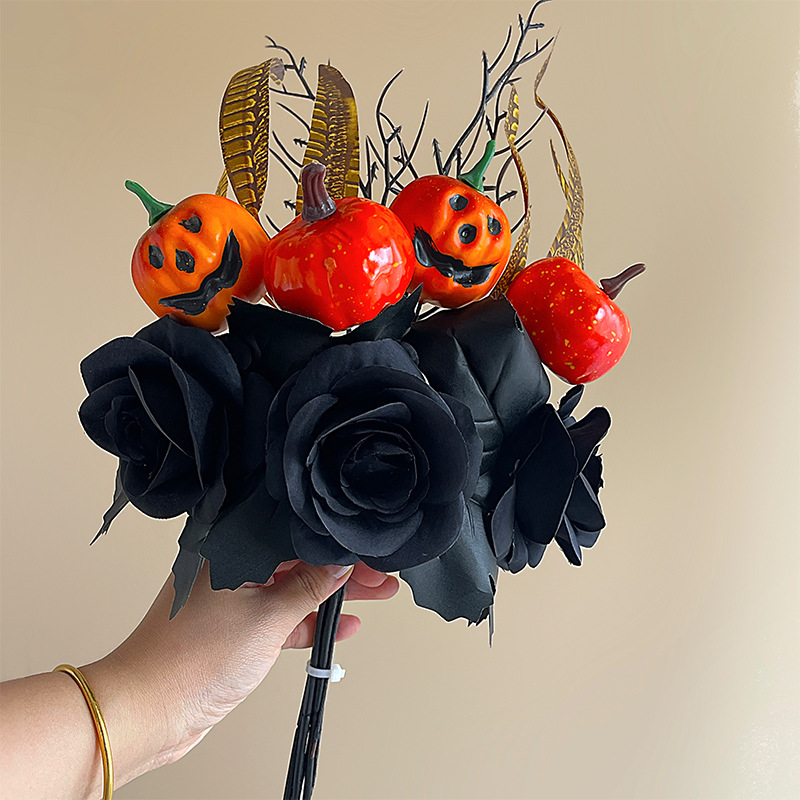 🏆Flash Sale⚡Artificial Fall Flowers-Halloween Pumpkin Bunch with Black Maple Leaves,Rose,Feathers- UV resistant, Waterproof, Windproof