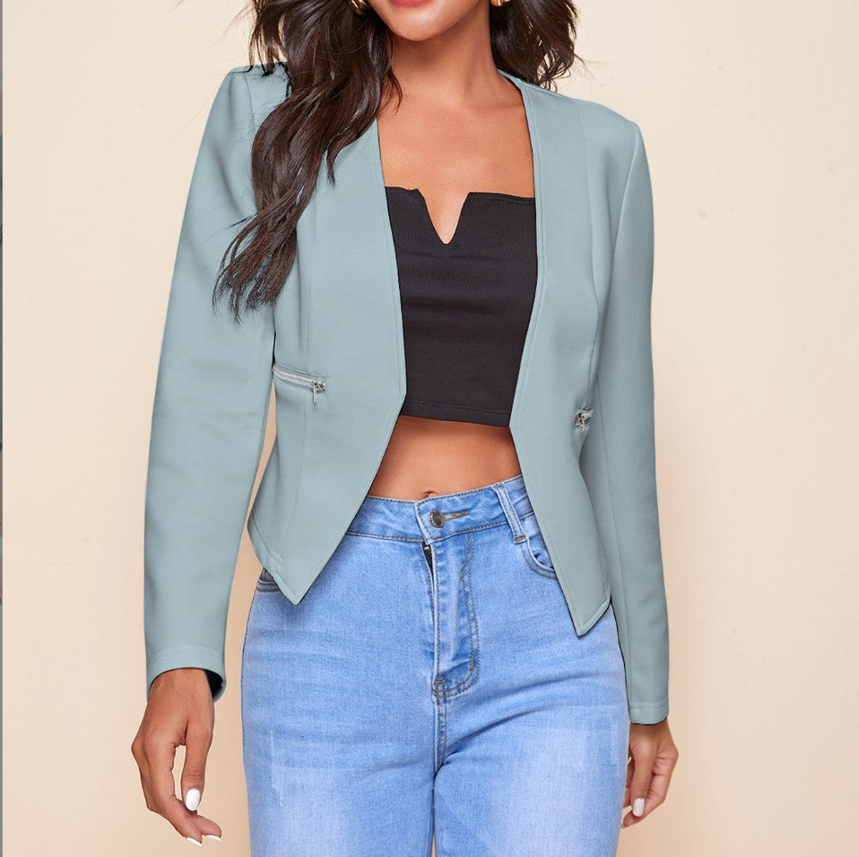 Long Sleeve Cardigan Zipper Pocket Jacket Top with a Small Suit Style.