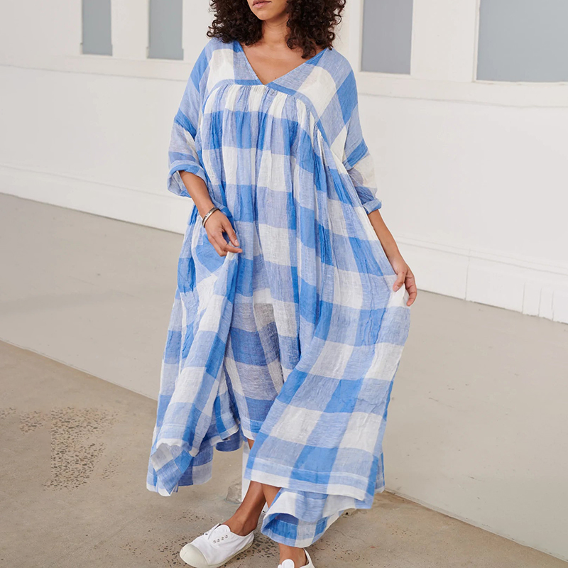 Plaid Patchwork Comfortable And Loose V-Neck Large Swing Maxi Dress