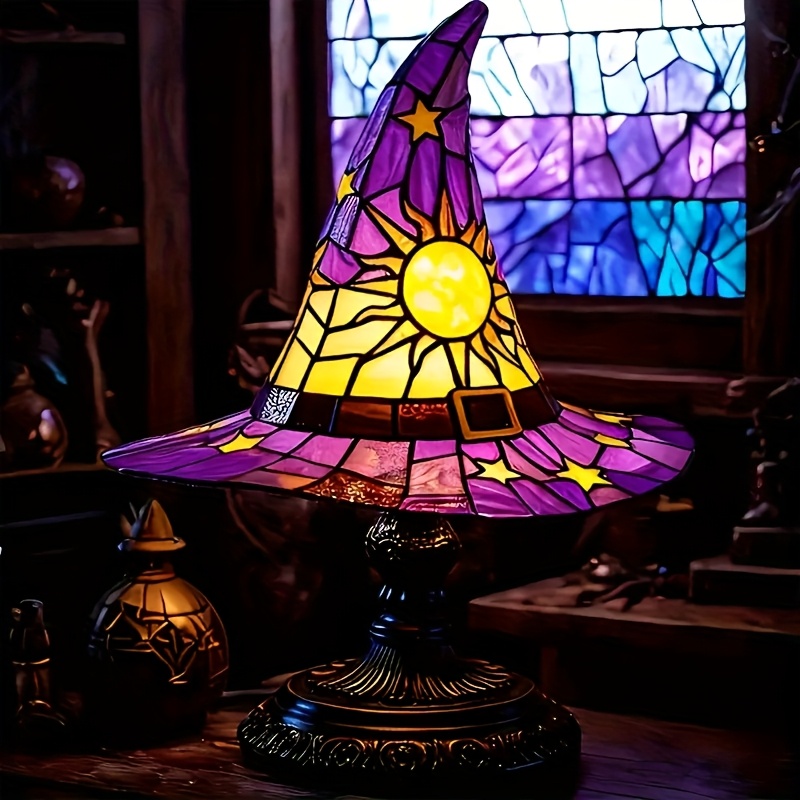 💥ON SALE💥- 🍂🧙‍♀️ Autumn Stained Glass Witch Hat Lamp ✨🕯️