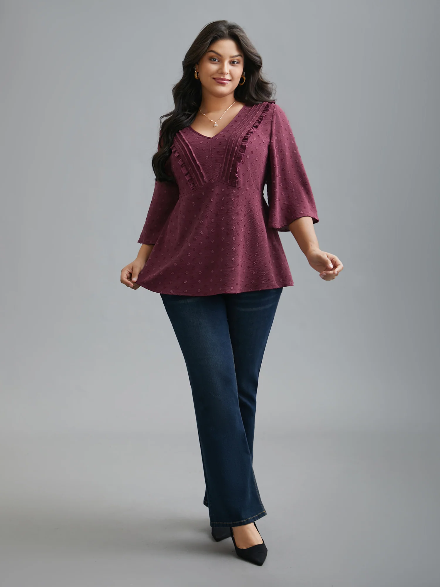 Ruffled Pleated Stretchy Waist Flowy Blouse