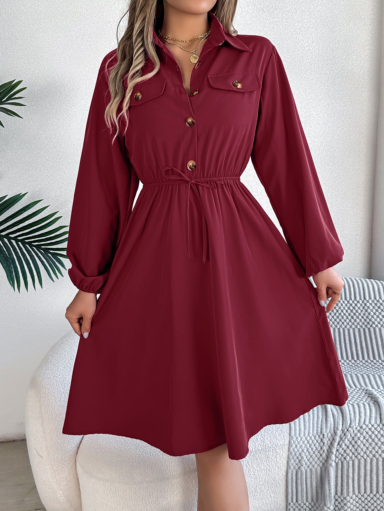 Real Shot Autumn Winter Casual Button Lace up Waist Controlled Long Sleeves Shirt Dress Women Clothing