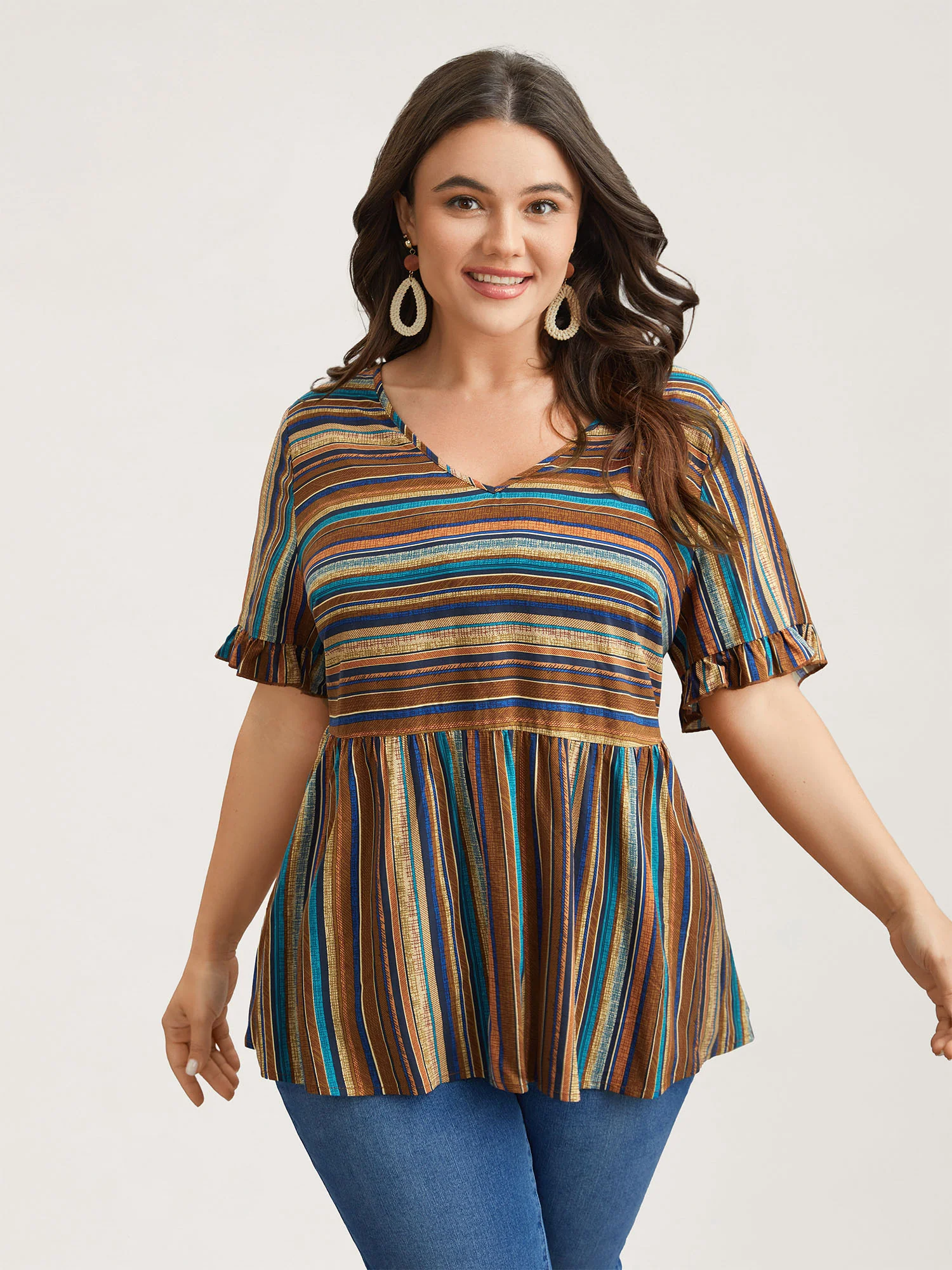 Striped V-Neck Peplum Shirt