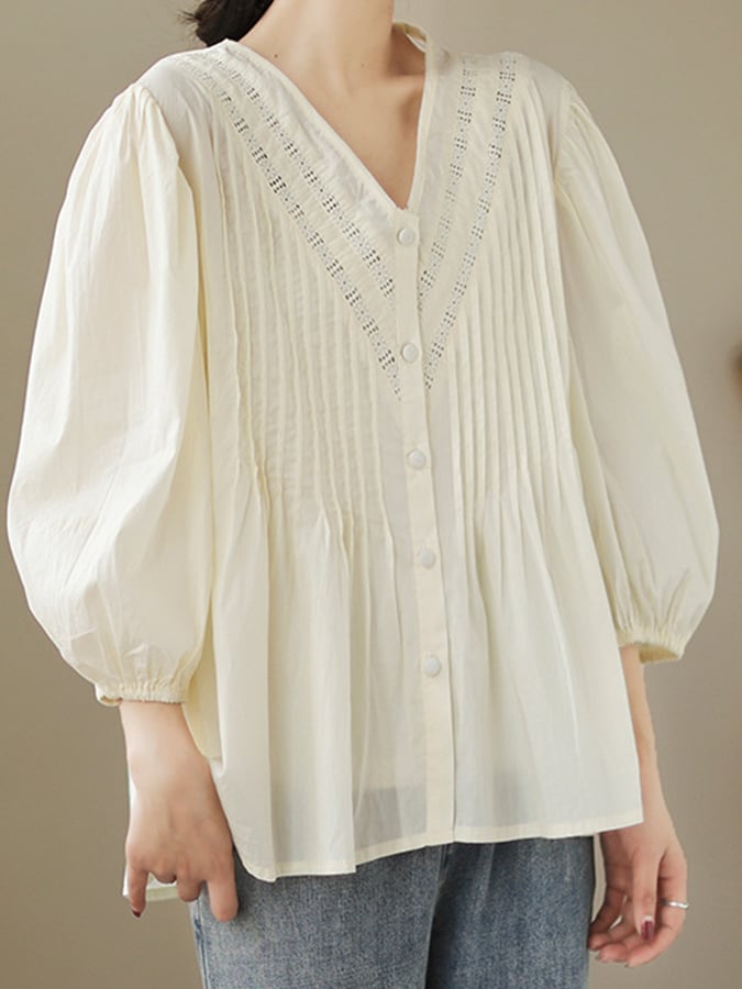 Women's Cotton Lace Patchwork Pleated Lantern Sleeve V-Neck Blouse