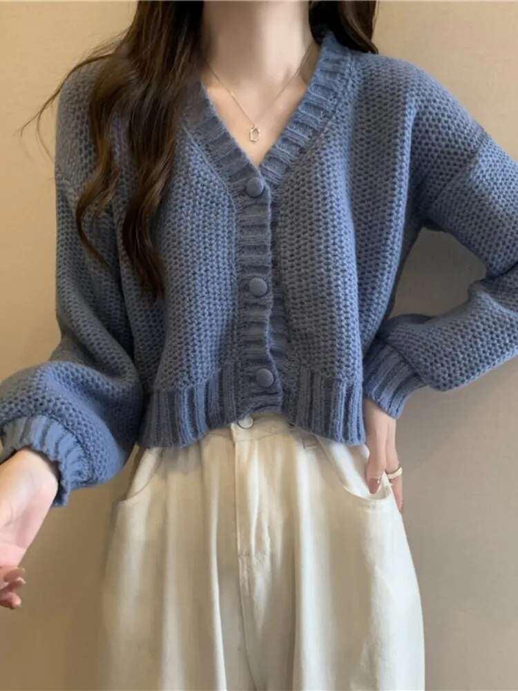 Button-Up V-Neck Knit Cardigan