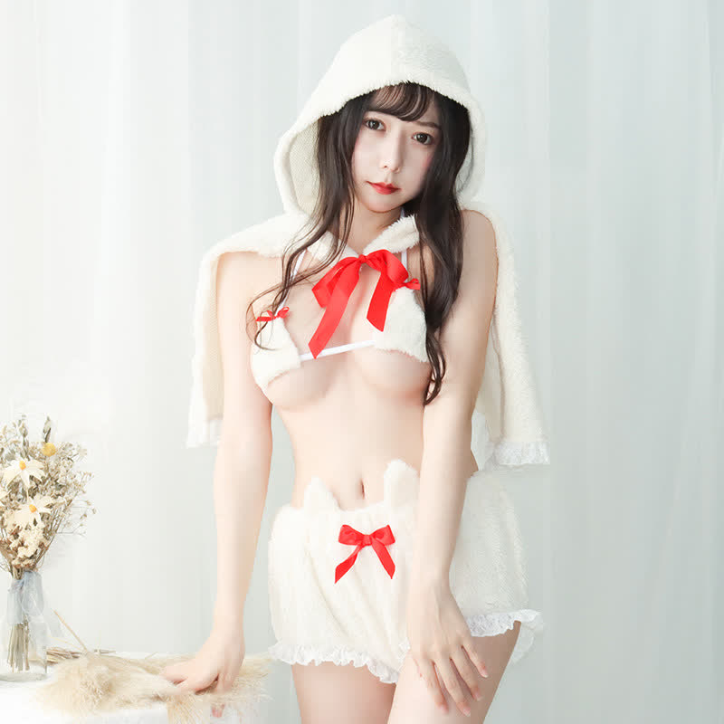 Bow Knot Lace Up Cloak Cat Ears Halter Plush Lingerie