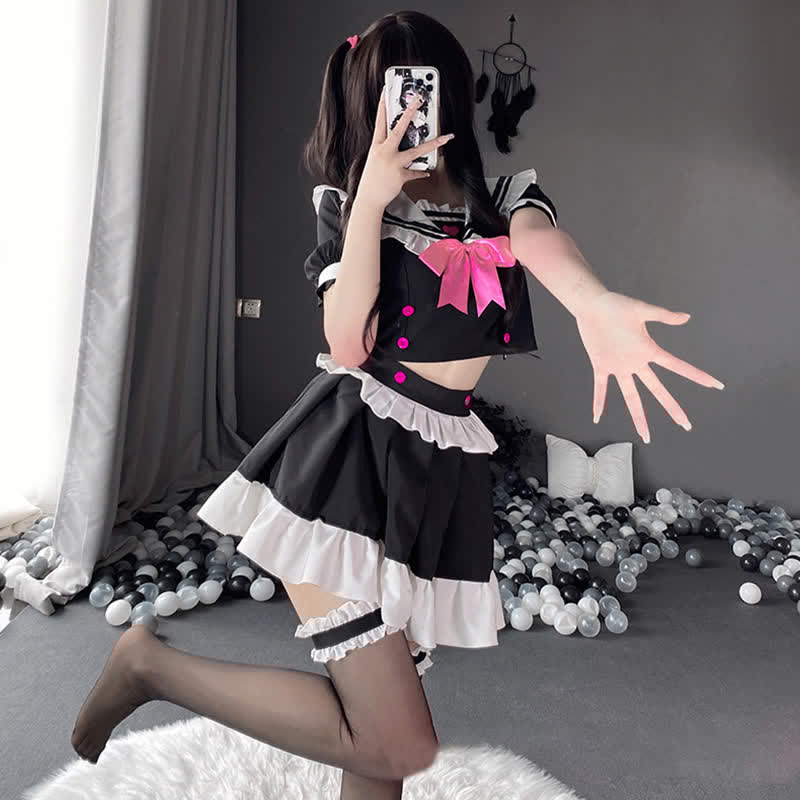 Cosplay Maid Bowknot Love Heart Lingerie Stockings Set