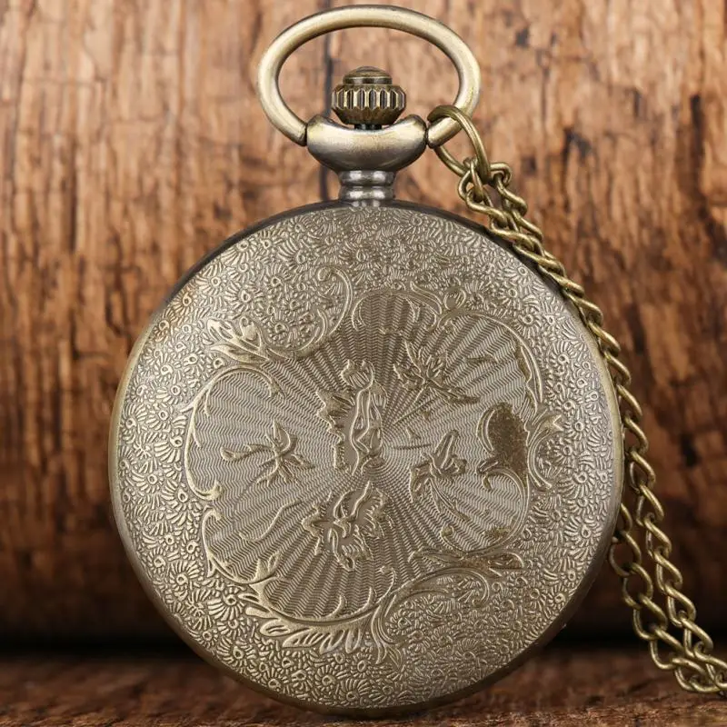 Antique Hollow Out Pocket Watch Bronze Rabbit Key Flowers Cover Men Women Quartz Clock Arabic Number with Sweater Chain Gift