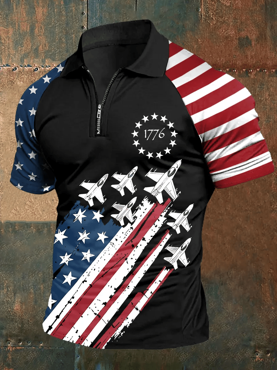 Men's  Independence Day American Flag 1776 Print Zip-Up Raglan Sleeve Polo Shirt