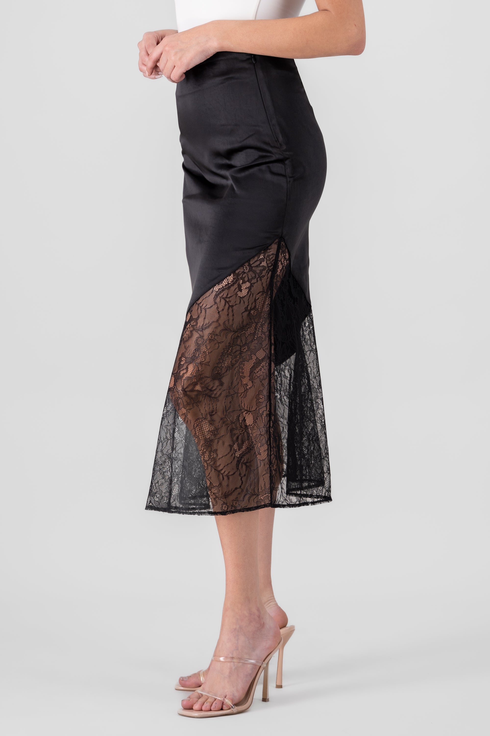 Midi Satin Skirt With Lace