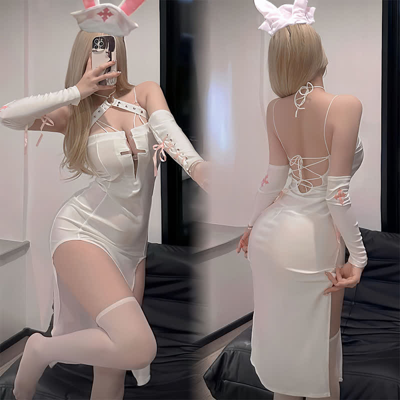 Cosplay Nurse Lace Up Bunny High Split Lingerie Dress