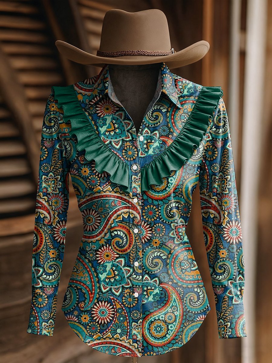 Women's Paisley Print Western Ruffle Long Sleeve Shirt