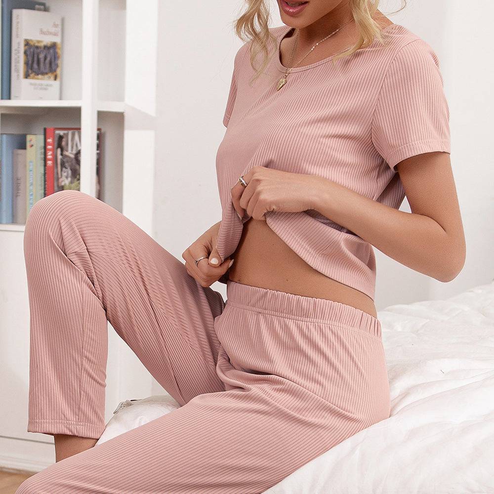 Spring Summer Ladies Homewear Short Sleeve round Neck Top Trousers Casual Suit for Women