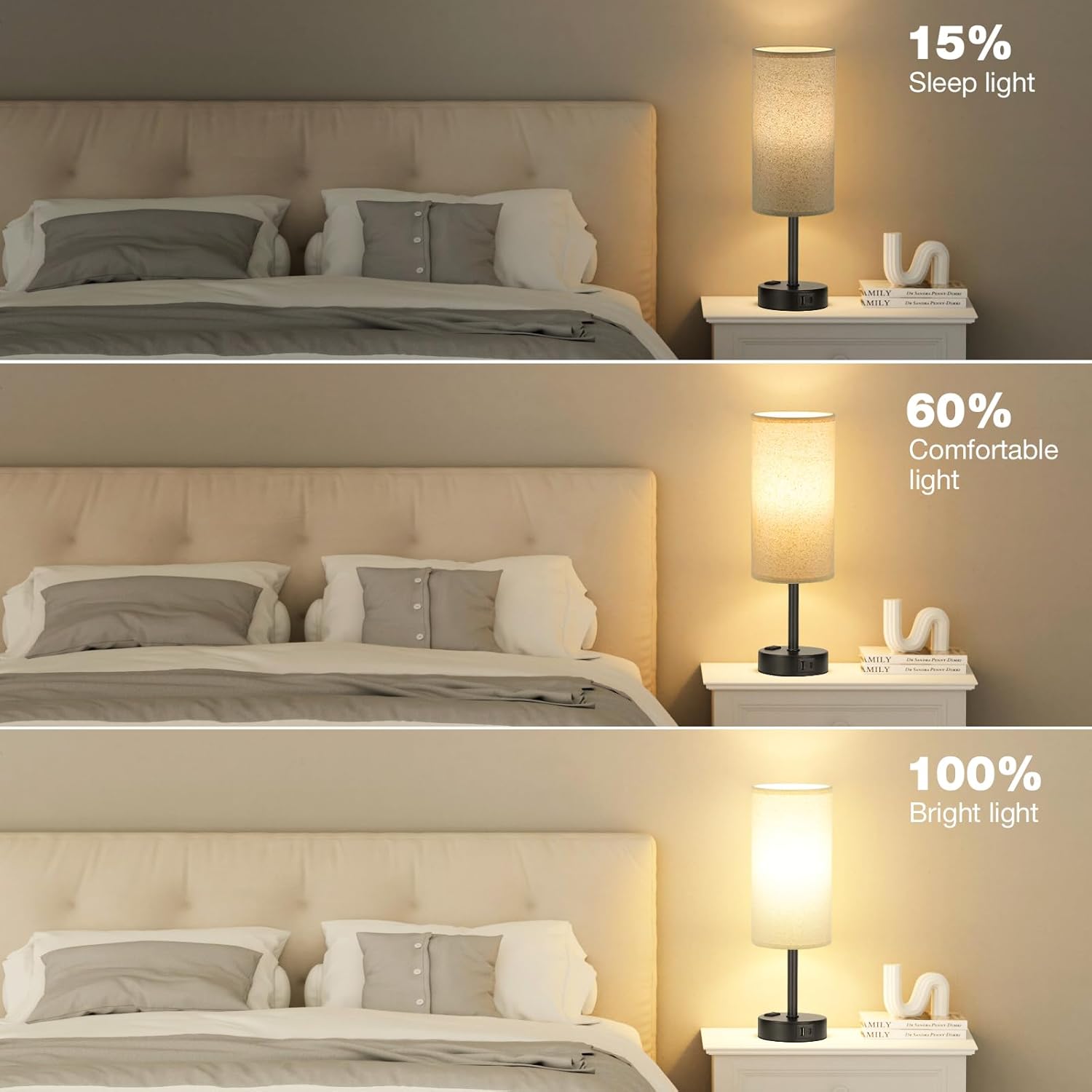 Bedside Table Lamp for Bedroom - 3 Way Dimmable Touch Lamp USB C Charging Ports and AC Outlet, Small Lamp Wood Base Round Flaxen Fabric Shade for Living Room, Desk, LED Bulb Included