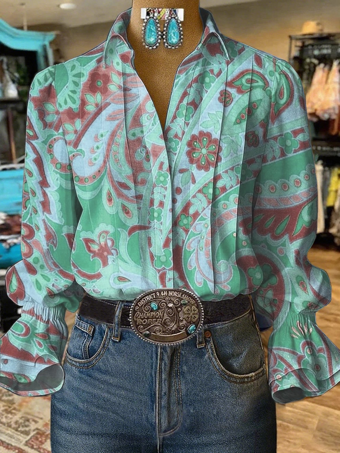 Women's Casual Western Puff Sleeve Patterned Shirt